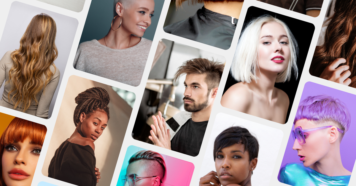 Images of hair styles and cuts from a salon.