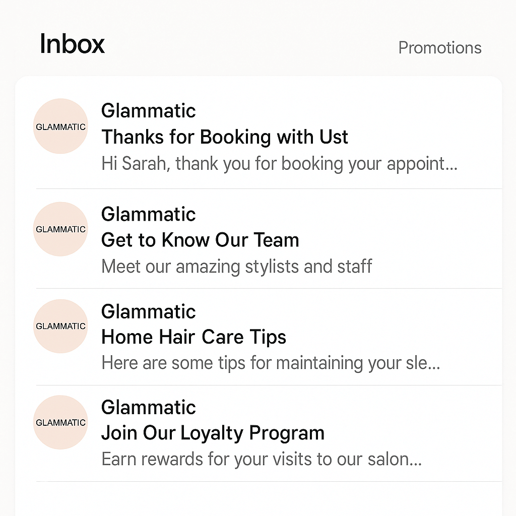 Salon welcome email sequence mock inbox